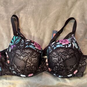 Torrid Black and Purple Floral Lace Bra